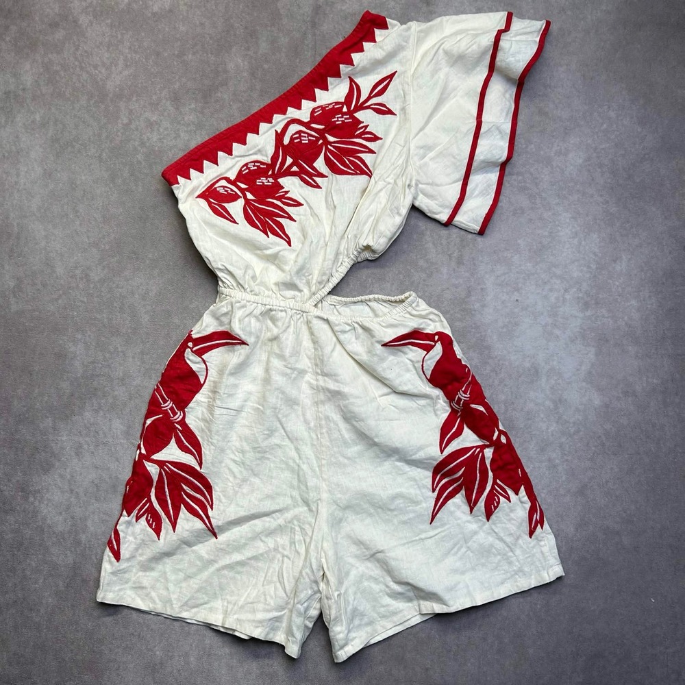 Farm Rio for Anthropologie One Shoulder Toucan Embroidered Romper White Red XS